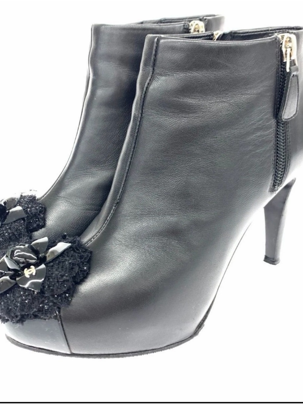 Black Leather Chanel Ankle Booties with Decorative tweed Bow